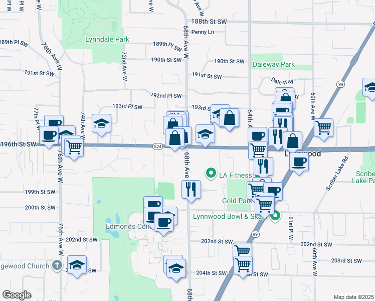 map of restaurants, bars, coffee shops, grocery stores, and more near 6808 196th Street Southwest in Lynnwood