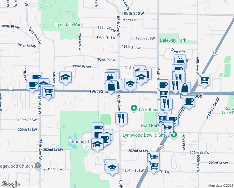 map of restaurants, bars, coffee shops, grocery stores, and more near 6808 196th Street Southwest in Lynnwood