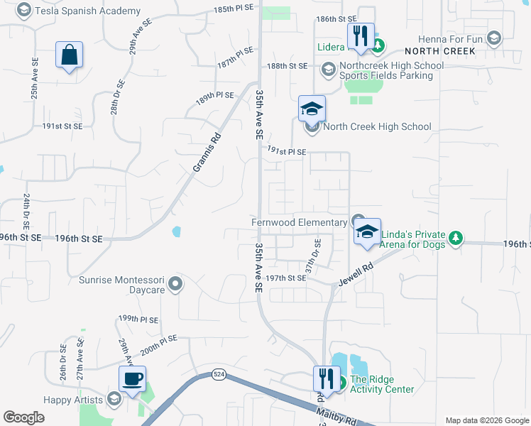 map of restaurants, bars, coffee shops, grocery stores, and more near 19414 35th Drive Southeast in Bothell