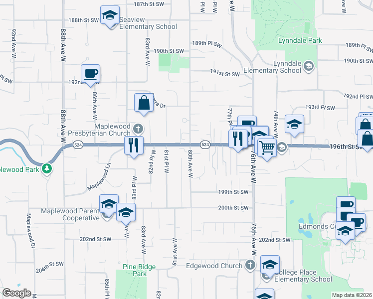 map of restaurants, bars, coffee shops, grocery stores, and more near in Edmonds