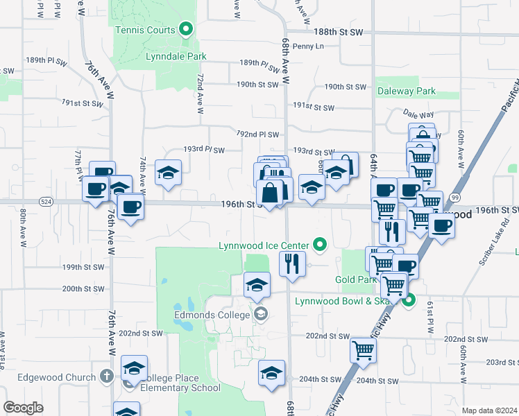map of restaurants, bars, coffee shops, grocery stores, and more near in Lynnwood