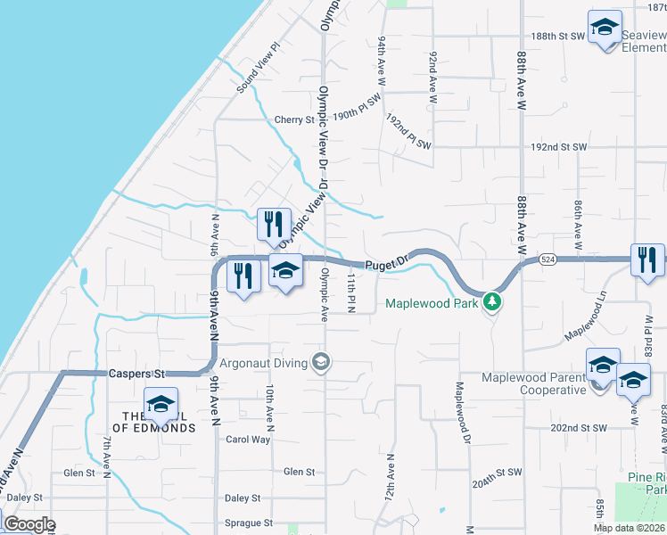map of restaurants, bars, coffee shops, grocery stores, and more near 1116 Excelsior Place in Edmonds