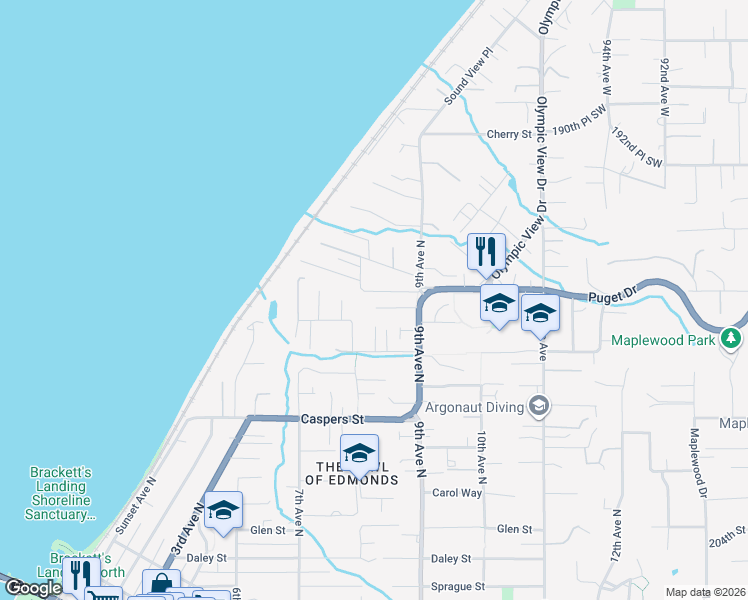map of restaurants, bars, coffee shops, grocery stores, and more near 821 Puget Drive in Edmonds