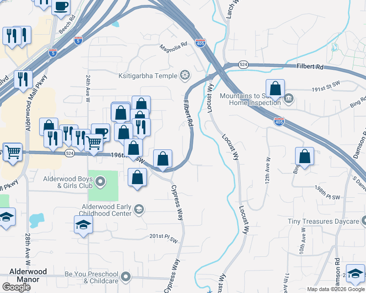 map of restaurants, bars, coffee shops, grocery stores, and more near 1805 Filbert Road in Lynnwood