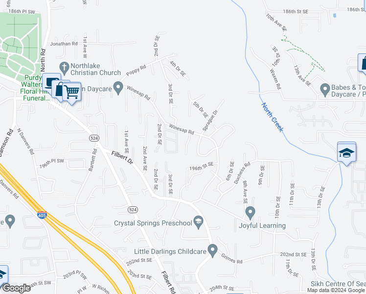 map of restaurants, bars, coffee shops, grocery stores, and more near 19428 4th Drive Southeast in Bothell