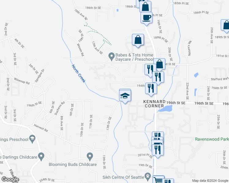 map of restaurants, bars, coffee shops, grocery stores, and more near 1415 196th St SE in Bothell