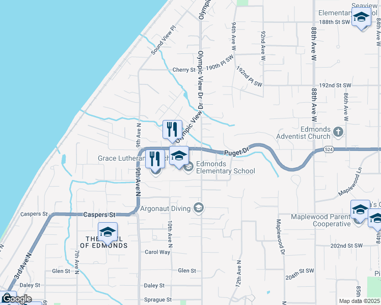 map of restaurants, bars, coffee shops, grocery stores, and more near 1032 Puget Drive in Edmonds