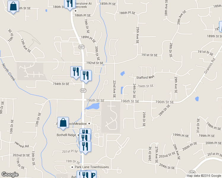 map of restaurants, bars, coffee shops, grocery stores, and more near 19406 22nd Avenue Southeast in Bothell