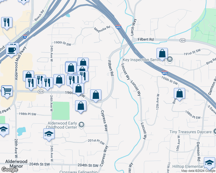 map of restaurants, bars, coffee shops, grocery stores, and more near 1805 Filbert Road in Lynnwood