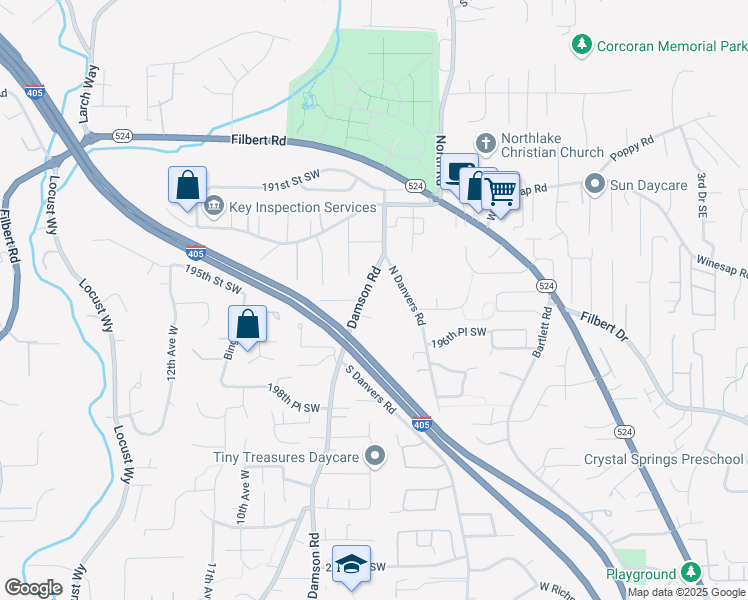 map of restaurants, bars, coffee shops, grocery stores, and more near 19505 Damson Road in Lynnwood