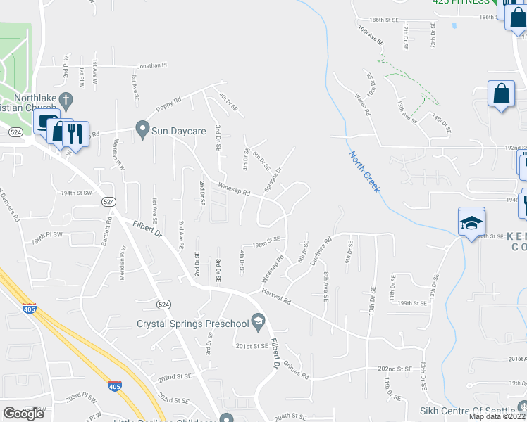 map of restaurants, bars, coffee shops, grocery stores, and more near 19425 Winesap Lane in Bothell