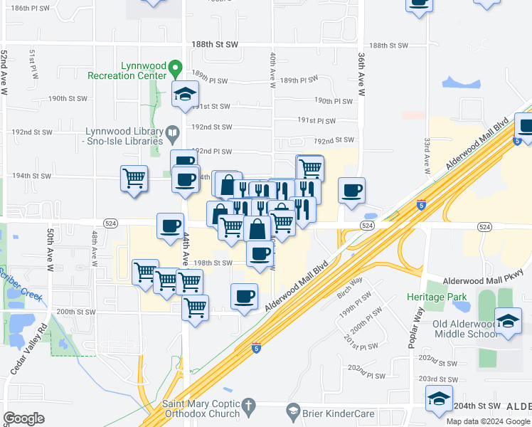 map of restaurants, bars, coffee shops, grocery stores, and more near 4011 Washington 524 in Lynnwood