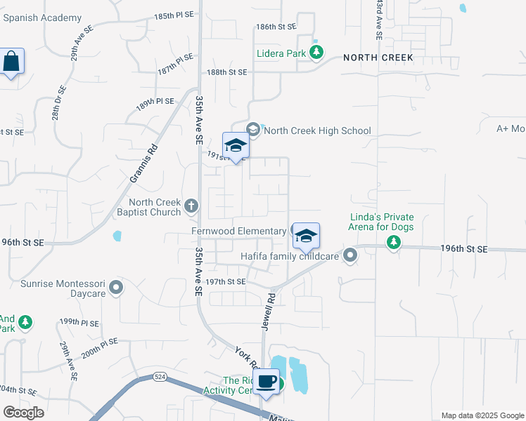 map of restaurants, bars, coffee shops, grocery stores, and more near 3717 194th Place Southeast in Mill Creek