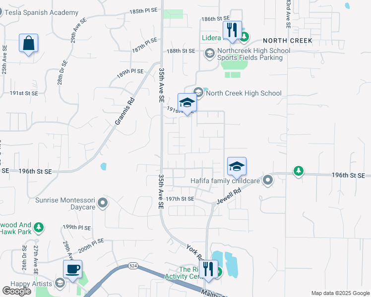 map of restaurants, bars, coffee shops, grocery stores, and more near 19405 36th Avenue Southeast in Bothell