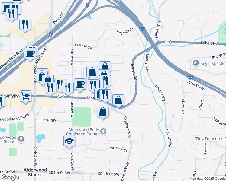 map of restaurants, bars, coffee shops, grocery stores, and more near 2027 196th Street Southwest in Lynnwood
