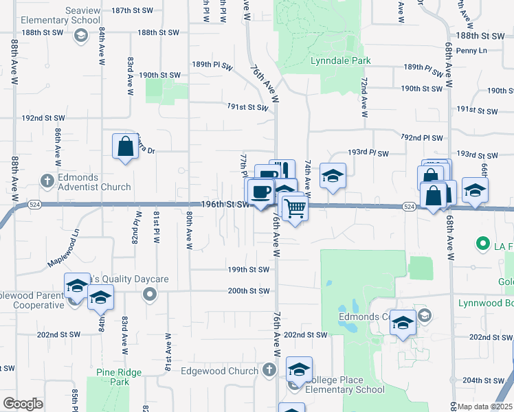 map of restaurants, bars, coffee shops, grocery stores, and more near 7627 196th Street Southwest in Lynnwood