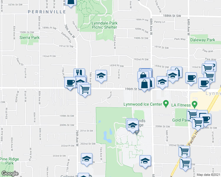 map of restaurants, bars, coffee shops, grocery stores, and more near 7213 196th Street Southwest in Lynnwood