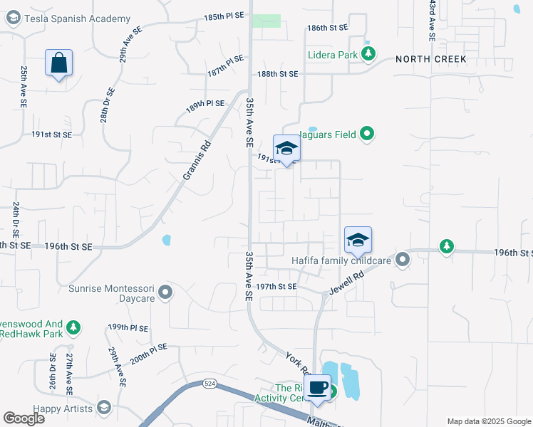 map of restaurants, bars, coffee shops, grocery stores, and more near 19414 35th Drive Southeast in Bothell