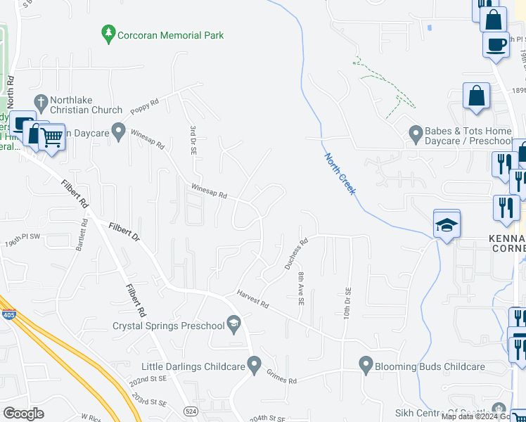 map of restaurants, bars, coffee shops, grocery stores, and more near 525 195th Street Southeast in Bothell