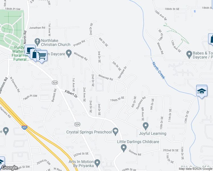 map of restaurants, bars, coffee shops, grocery stores, and more near 19416 4th Drive Southeast in Bothell