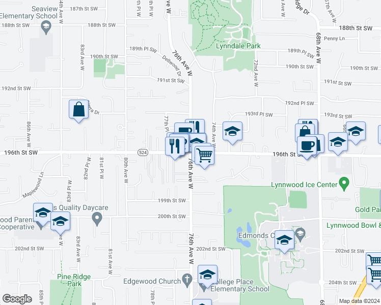map of restaurants, bars, coffee shops, grocery stores, and more near 196th Street Southwest & 76th Avenue West in Lynnwood