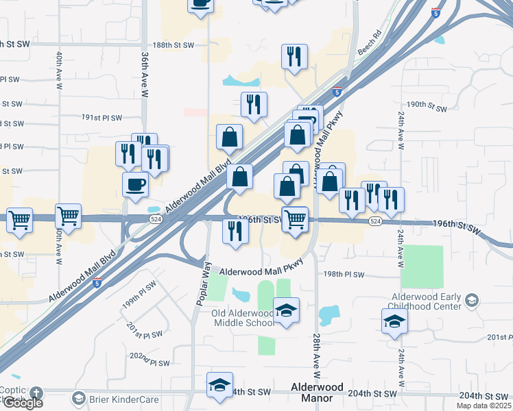 map of restaurants, bars, coffee shops, grocery stores, and more near 3021 196th Street Southwest in Lynnwood