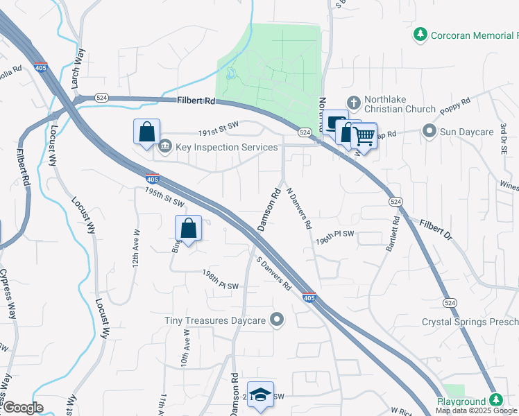 map of restaurants, bars, coffee shops, grocery stores, and more near 19500 Damson Road in Lynnwood