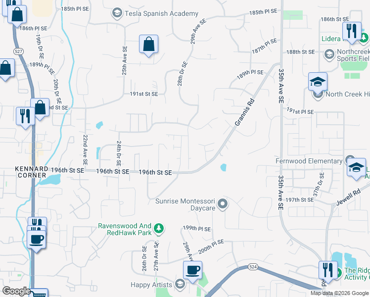 map of restaurants, bars, coffee shops, grocery stores, and more near 19414 29th Avenue Southeast in Bothell