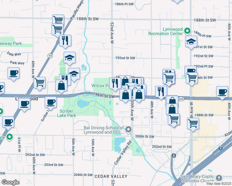 map of restaurants, bars, coffee shops, grocery stores, and more near 5117 196th Street Southwest in Lynnwood