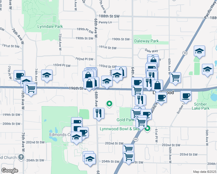 map of restaurants, bars, coffee shops, grocery stores, and more near 6623 Washington 524 in Lynnwood