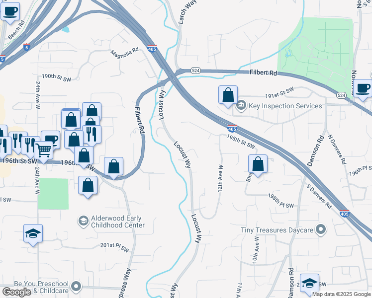 map of restaurants, bars, coffee shops, grocery stores, and more near 1431 195th Place Southwest in Lynnwood