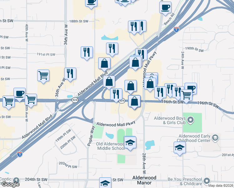 map of restaurants, bars, coffee shops, grocery stores, and more near 3011 196th Street Southwest in Lynnwood