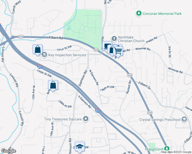 map of restaurants, bars, coffee shops, grocery stores, and more near 19427 North Danvers Road in Brier