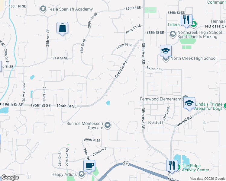 map of restaurants, bars, coffee shops, grocery stores, and more near 19327 Grannis Road in Bothell