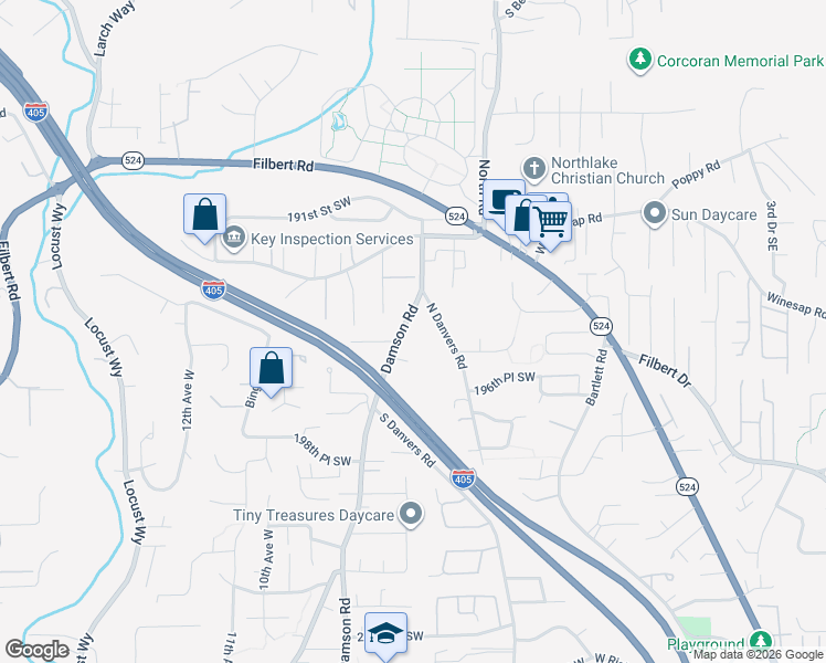map of restaurants, bars, coffee shops, grocery stores, and more near 19419 Damson Road in Lynnwood