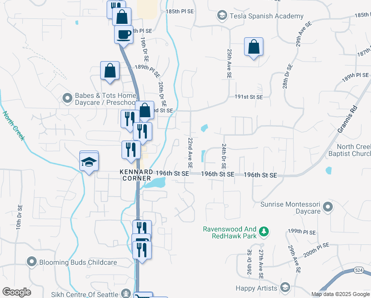 map of restaurants, bars, coffee shops, grocery stores, and more near 19406 22nd Avenue Southeast in Bothell