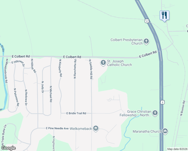 map of restaurants, bars, coffee shops, grocery stores, and more near 18010 North Saddle Hill Road in Colbert