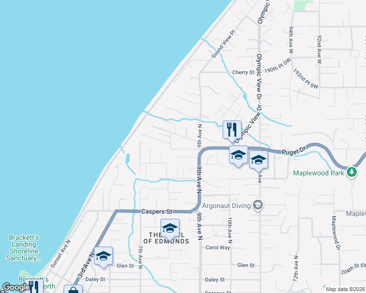 map of restaurants, bars, coffee shops, grocery stores, and more near 821 Puget Drive in Edmonds