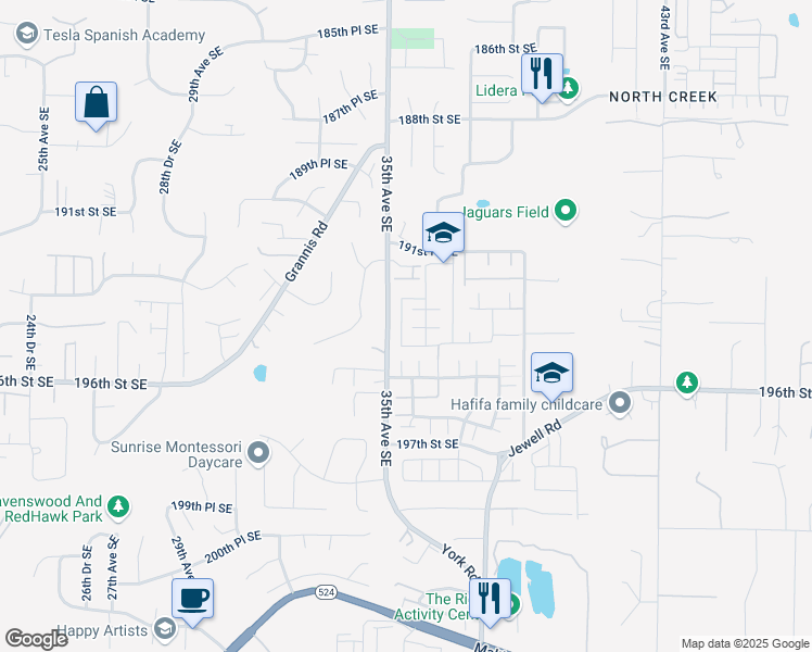 map of restaurants, bars, coffee shops, grocery stores, and more near 19414 35th Drive Southeast in Bothell