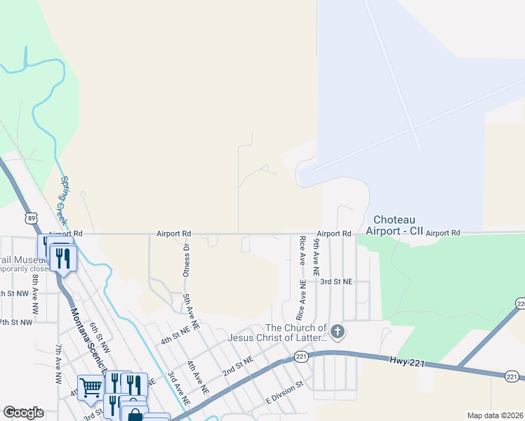 map of restaurants, bars, coffee shops, grocery stores, and more near 1-55 Airport Road in Choteau