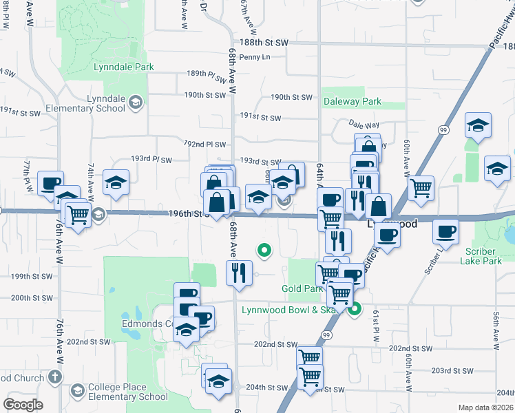 map of restaurants, bars, coffee shops, grocery stores, and more near 6623 Washington 524 in Lynnwood