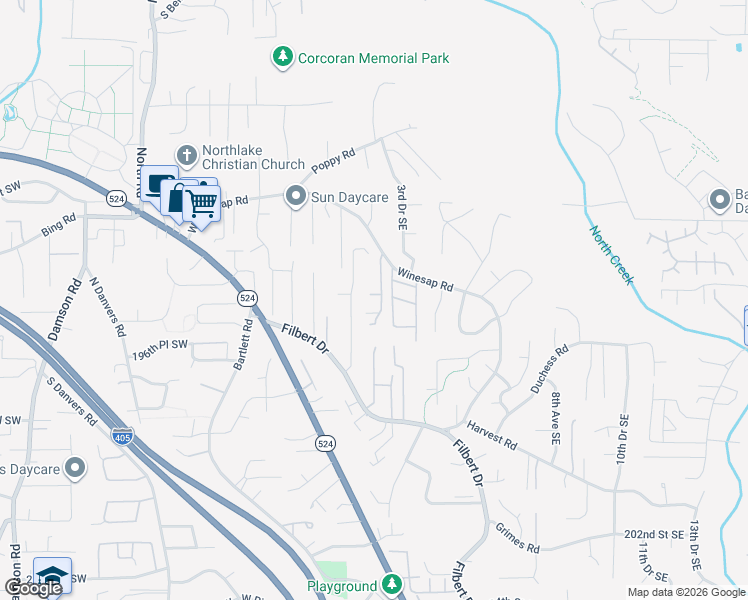 map of restaurants, bars, coffee shops, grocery stores, and more near 19425 2nd Avenue Southeast in Bothell