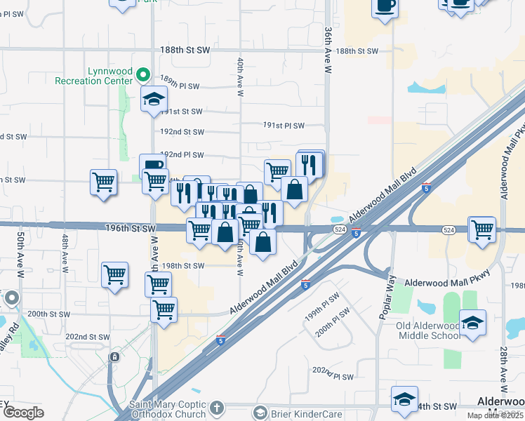 map of restaurants, bars, coffee shops, grocery stores, and more near 3909 196th Street Southwest in Lynnwood