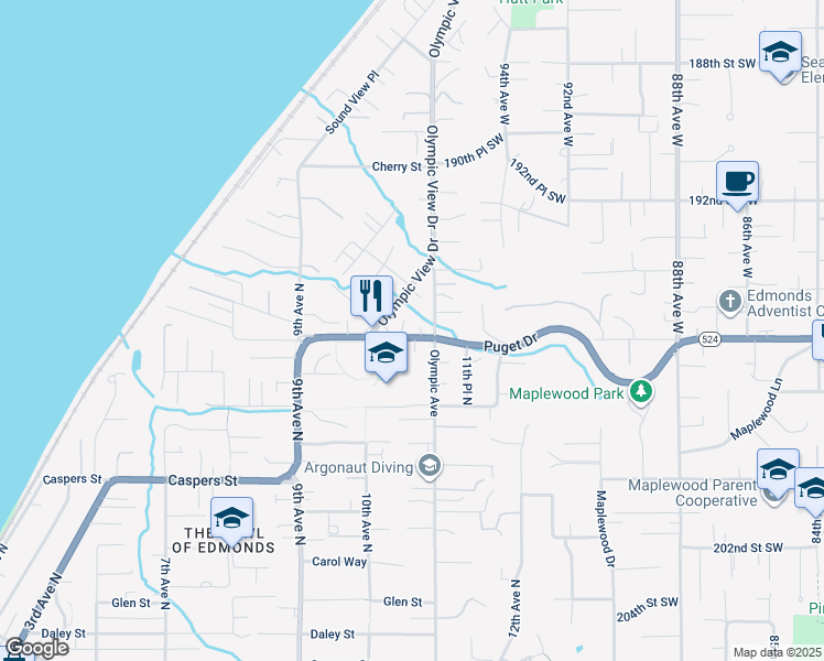map of restaurants, bars, coffee shops, grocery stores, and more near 1032 Puget Drive in Edmonds