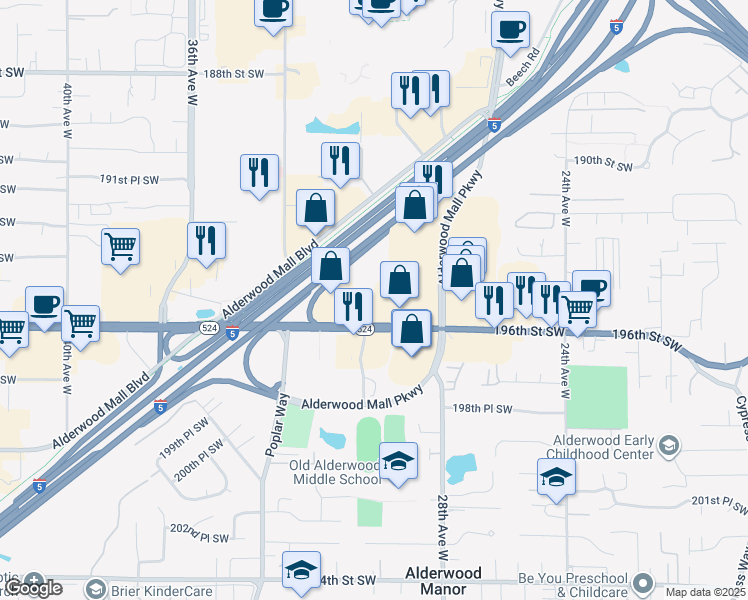 map of restaurants, bars, coffee shops, grocery stores, and more near 3011 196th Street Southwest in Lynnwood