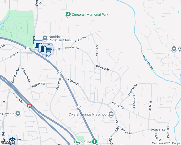 map of restaurants, bars, coffee shops, grocery stores, and more near 19425 2nd Avenue Southeast in Bothell