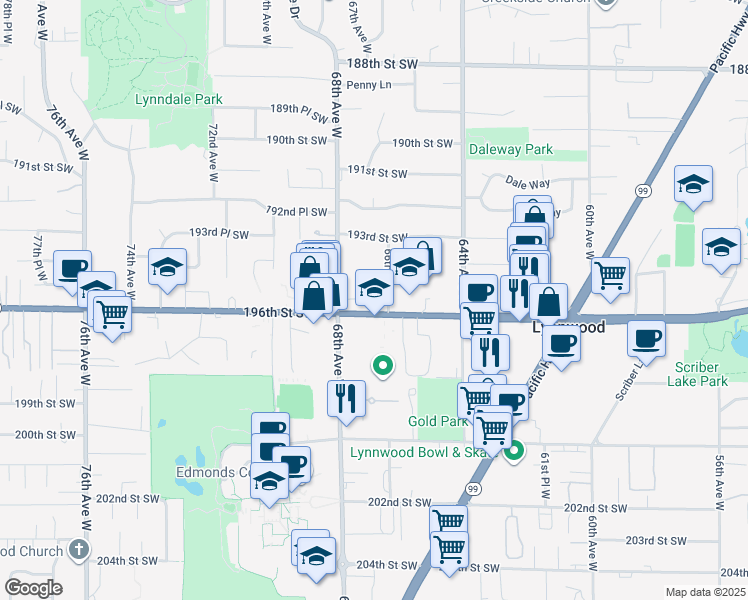 map of restaurants, bars, coffee shops, grocery stores, and more near 6623 Washington 524 in Lynnwood