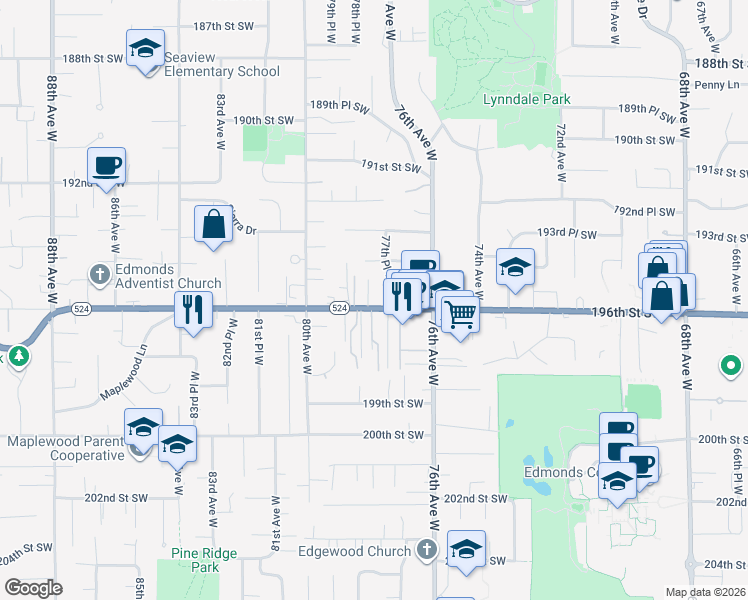 map of restaurants, bars, coffee shops, grocery stores, and more near 7731 196th Street Southwest in Edmonds