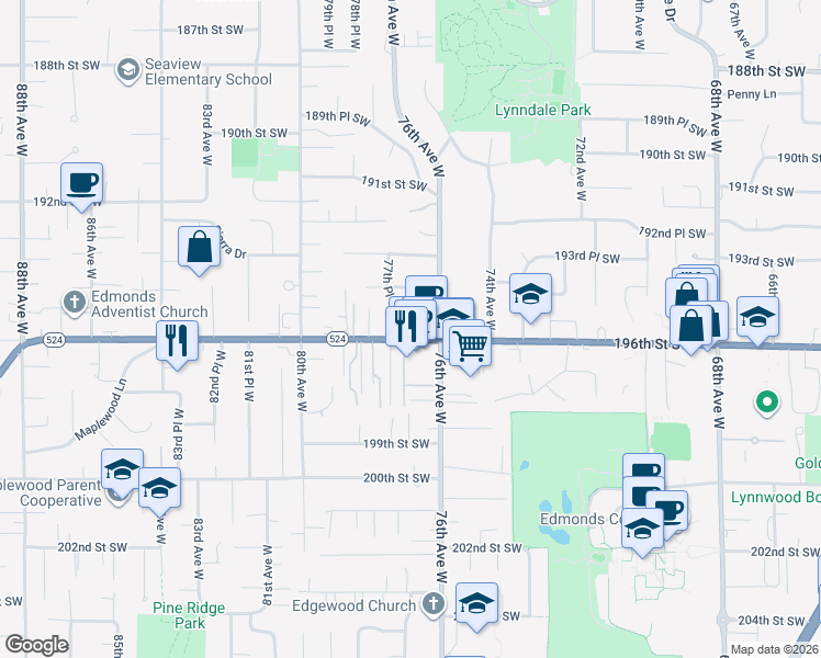 map of restaurants, bars, coffee shops, grocery stores, and more near 7627 196th Street Southwest in Lynnwood
