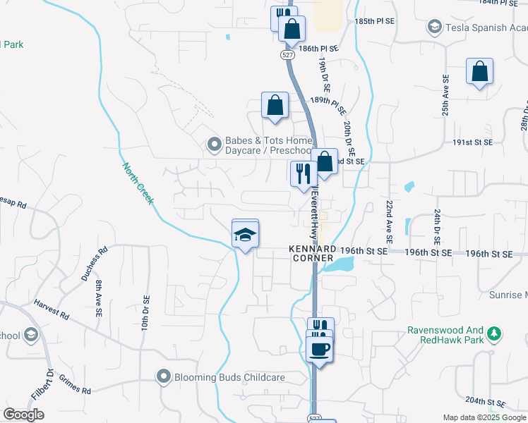 map of restaurants, bars, coffee shops, grocery stores, and more near 1618 194th Street Southeast in Bothell